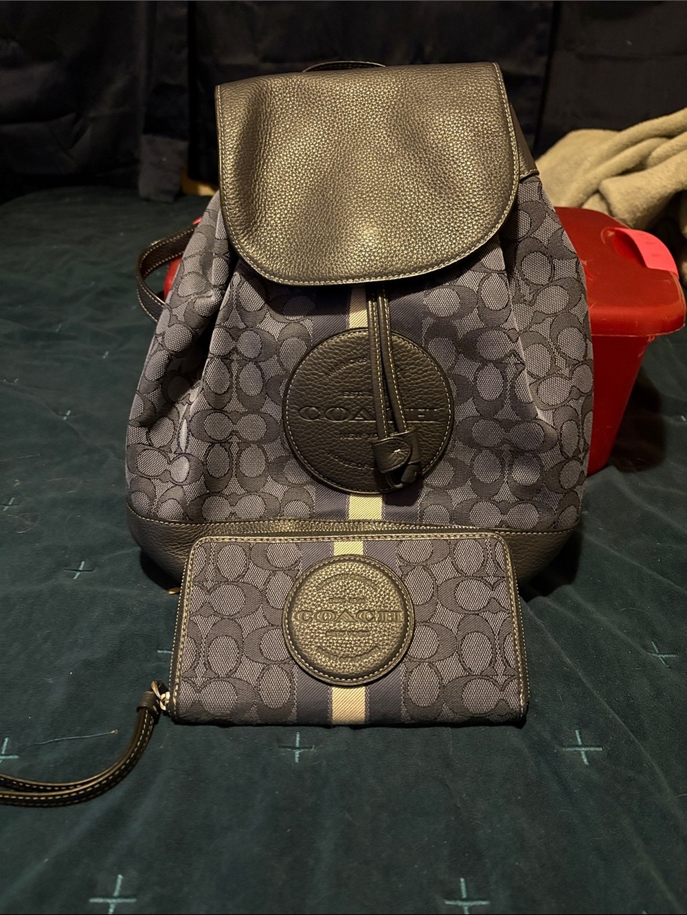 Coach Preloved Blue and Gray Signature Canvas Backpack and Matching Wallet